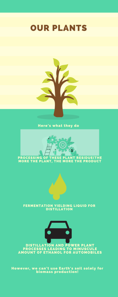 A long infographic titles "Our Plants." There is a cartoon picture of a tree. Underneath is the text "Here's what they do." Below that is a cartoon of spinning gears. The text reads "Processing of these plant residue (the more the plant, the more the product). Belong that is a cartoon picture of a flame. The text reads "Fermentation yielding liquid for distillation." Below that is a cartoon picture of a black car. The text reads "Distillation and power plant processes leading to minuscule amount of ethanol for automobiles." Below that is more text that reads "However, we can't use Earth's soil solely for biomass producation."